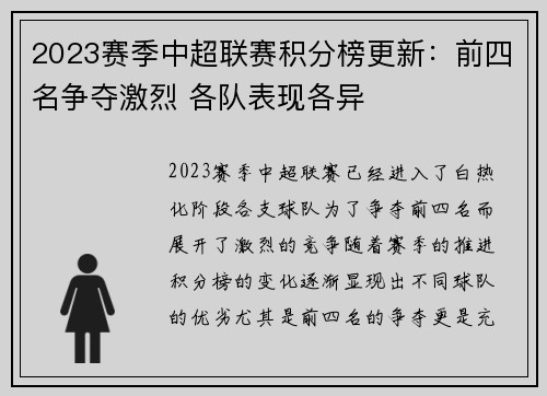 2023赛季中超联赛积分榜更新：前四名争夺激烈 各队表现各异