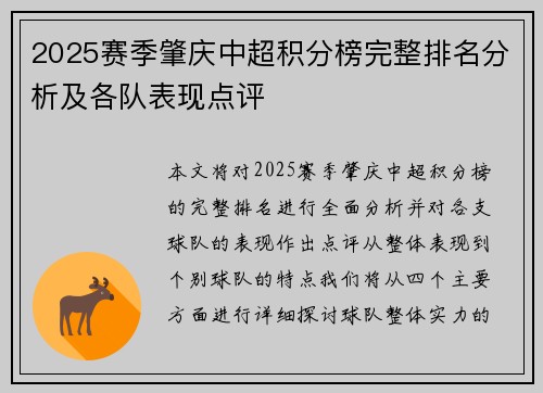 2025赛季肇庆中超积分榜完整排名分析及各队表现点评